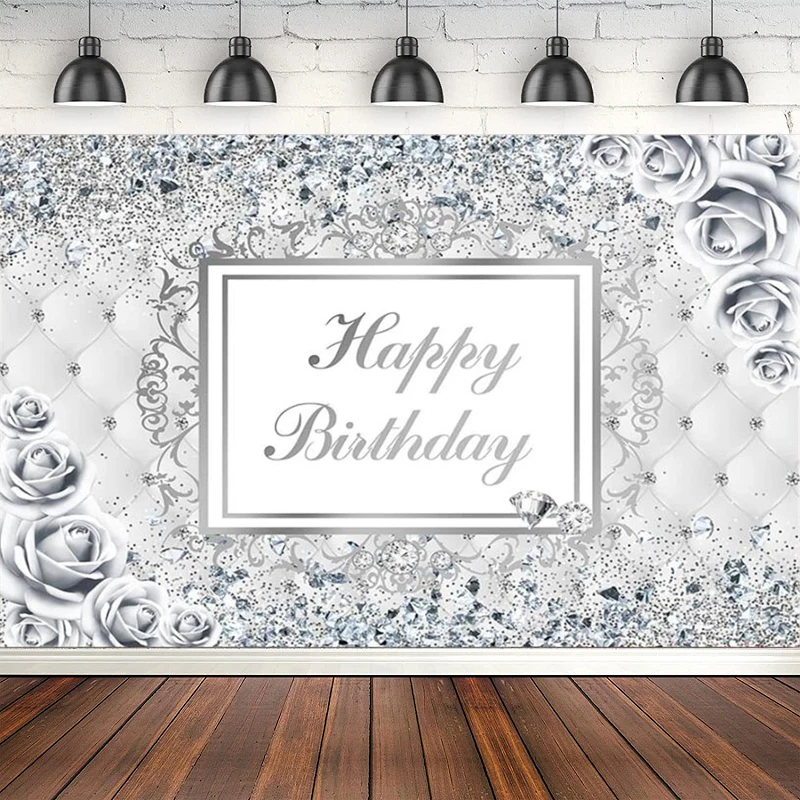 

Sliver Glitter Photography Backdrop Floral Adult Women's 30th 40th 50th 60th Happy Birthday Party Decoration Background Poster