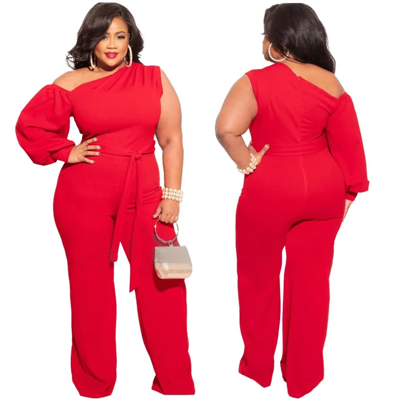 Plus Size Office Lady Jumpsuit for Women One Shoulder Lace Up Wide Leg Pants One Piece Elegant Night Party Club Romper 2022 Wear