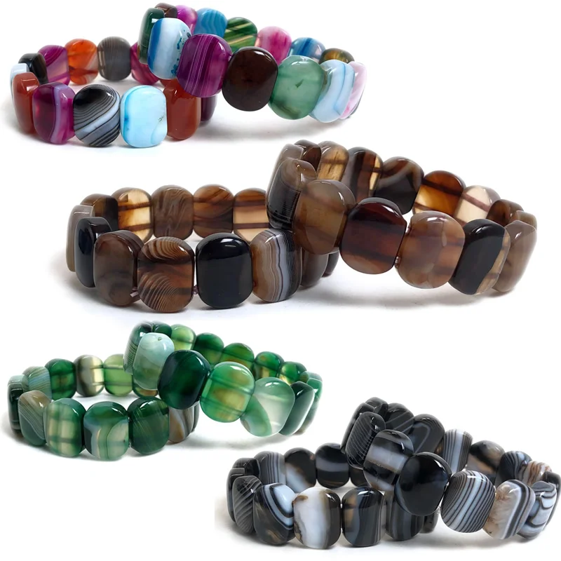 Браслет из агата 14x18 мм Квадратные бусины шелковые радужные полосы женский