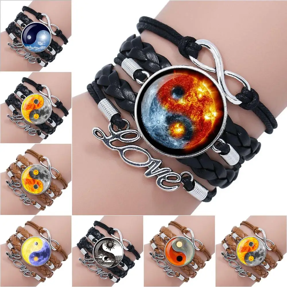 Yin Yang Moon Happy Christmas Jewelry With Glass Cabochon Multilayer Black/Brown Leather Bracelet Bangle Junior For Women High