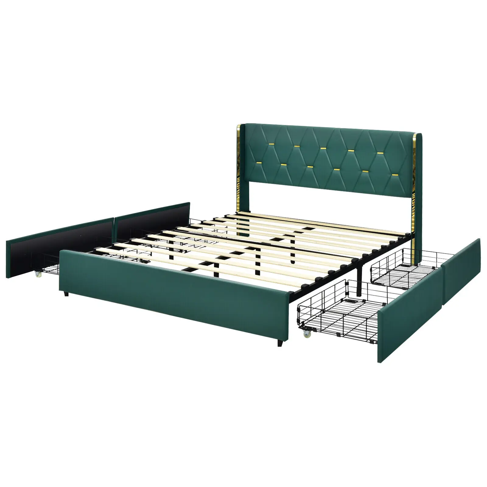 With 4 Storage Drawers Pu Leather Headboard Green