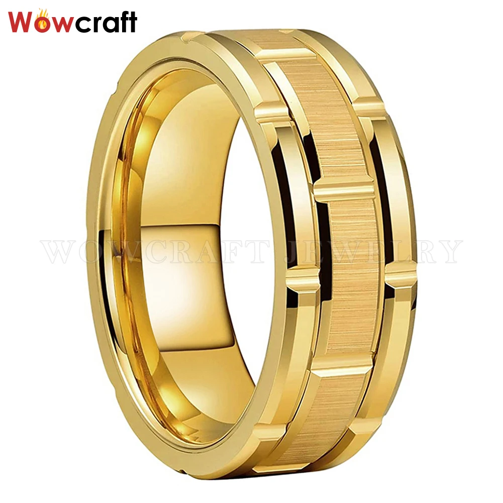 

Classic Brick Pattern Gold Brushed 8mm Tungsten Carbide Wedding Band for Men Free Inside Engraving Engagement Ring Comfort Fit