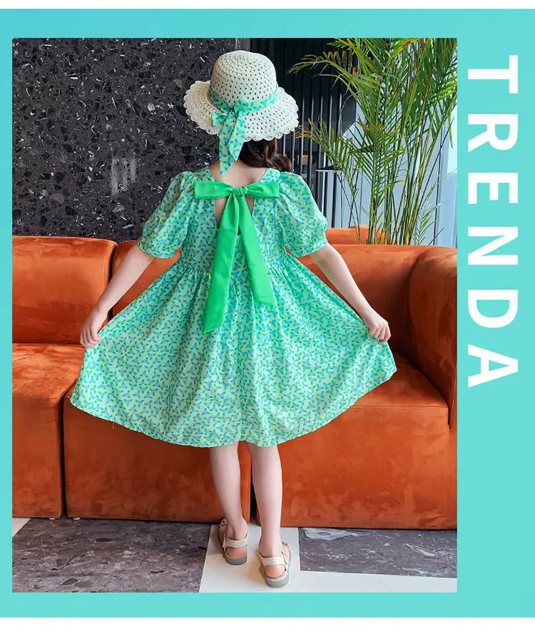 Платье летнее ТРАПЕЦИЕВИДНОЕ с бантом и рукавами-фонариками на возраст 5-14 лет