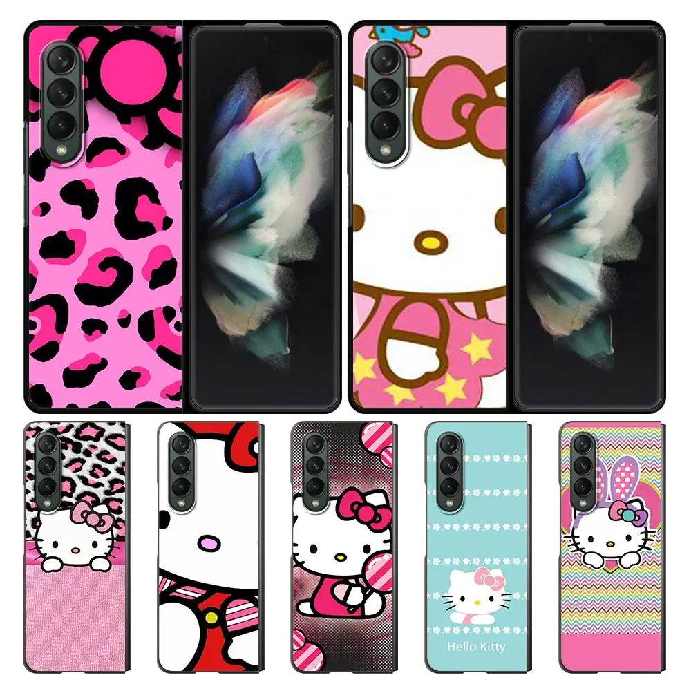 

Pink Hello Kitty Cat For Samsung Galaxy Z Fold 3 Case Black Hard PC Cell Phone Cover Z Fold3 5G Smartphone Plastic Shell