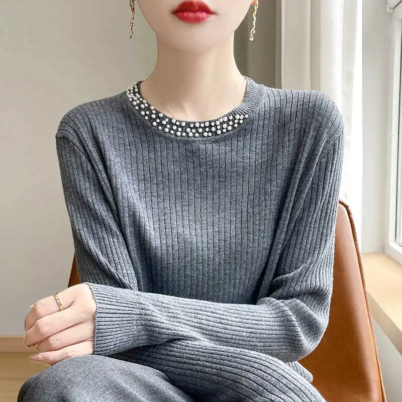 Женский однотонный пуловер в полоску шерстяной свитер с круглым вырезом и