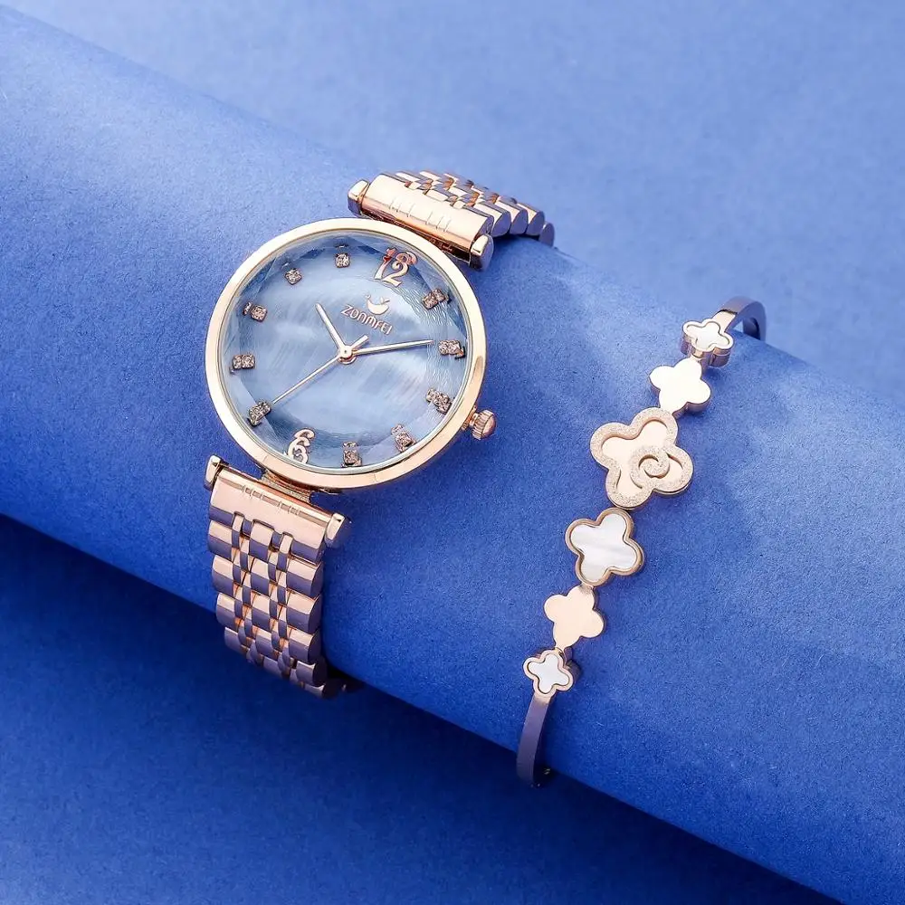 2PCS Women stainless steel wristwatches 30m waterproof with steel bracelet set blue/coffee/white conch face good quality watches
