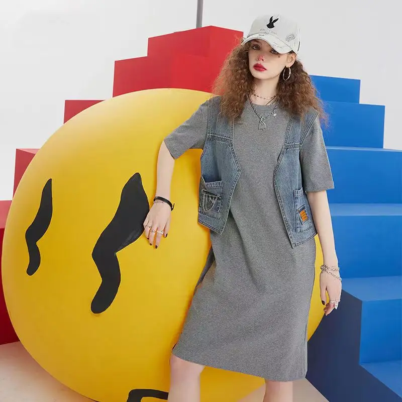 

Fake two-piece dress denim vest stitching short-sleeved dress T-shirt skirt women's 2022 summer design loose elastic dress