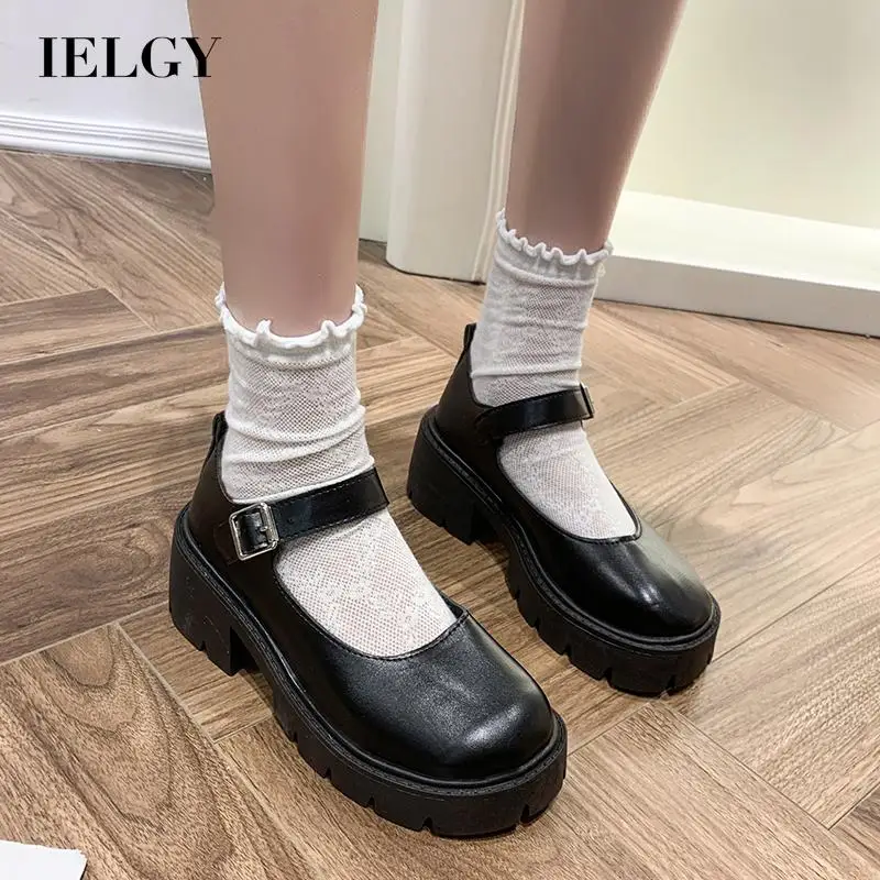 

IELGY women's thick heel preppy round toe retro leather shoes