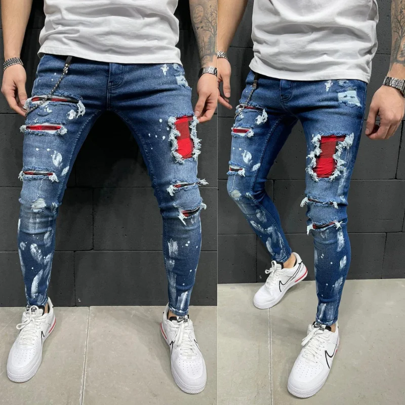 2022 Hot Sale New Fashion Super Elastic Personality Men's Skinny Ripped Paint Jeans Skinny Stretch Jeans Patch Design Trousers