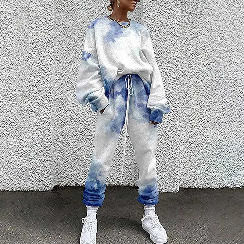 

Two Piece Set Women Tracksuits Comfortable Tie Dye Print Long Sleeve Pullovers High Waist Pants Set Casual Loose Suits Ladies