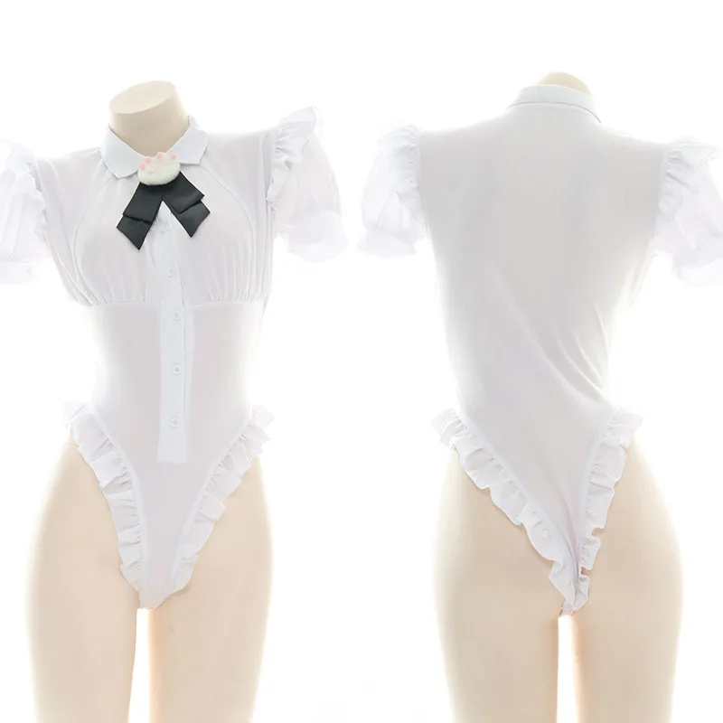 

Cute School Girls Cosplay Uniform Office Lady Work White Shirt Bodysuit Short Sleeve Bodycon Cat Paw Bow Ruffle Tops Blouse Suit