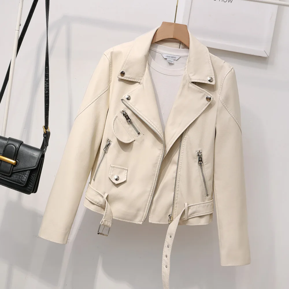 Heavy Industry zipper lapel belt women's leather jacket motorcycle suit slim short coat