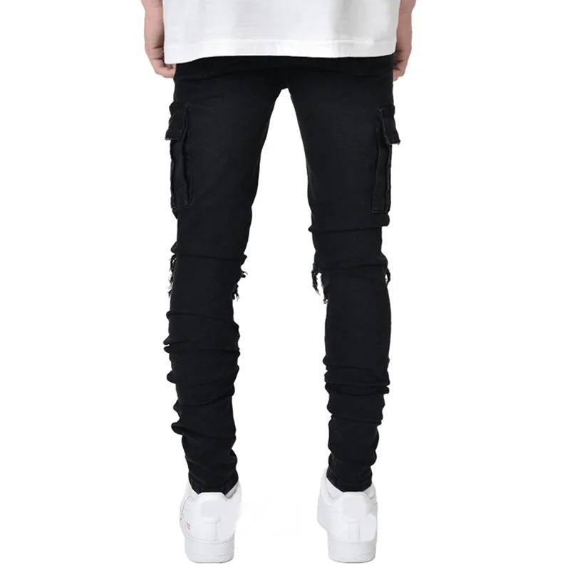 New Mens Jeans Pants Hole Trend Black Slim Denim Jeans Streetwear Men Fashoin Full Length Ripped Jeans