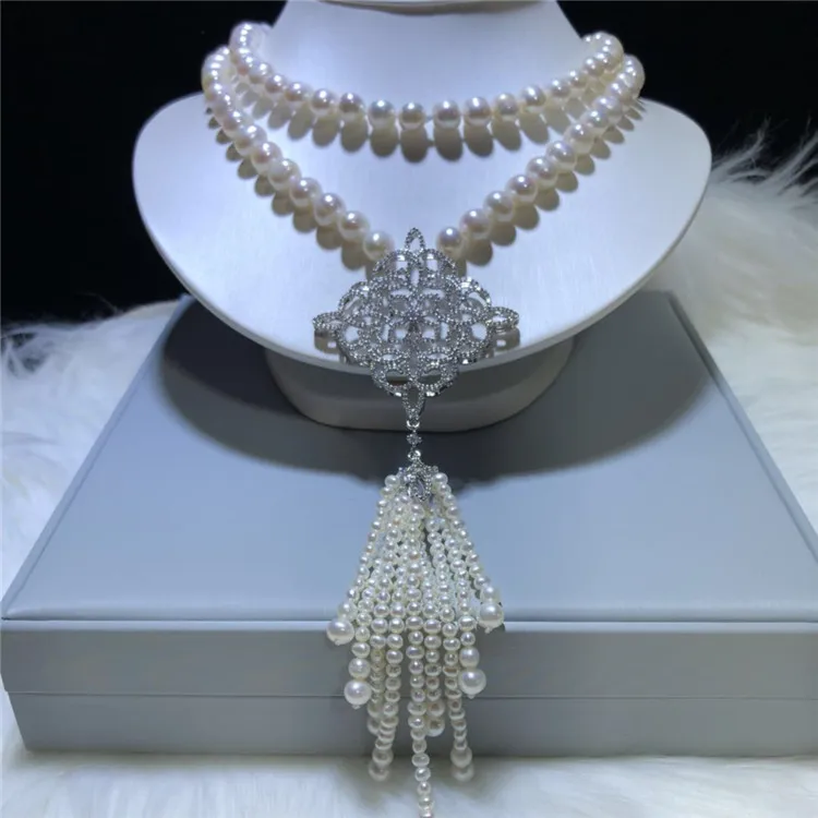 Hand knotted 75-80cm long natural 9-10mm white round freshwater pearl micro inlay zircon accessories necklace fashion jewelry