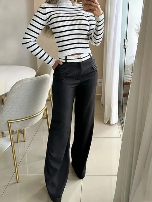 

Women's Trousers Suit 2023 Autumn and Winter Fashionable High-Neck Long-Sleeved Striped Top and Loose Trousers Two-Piece Set