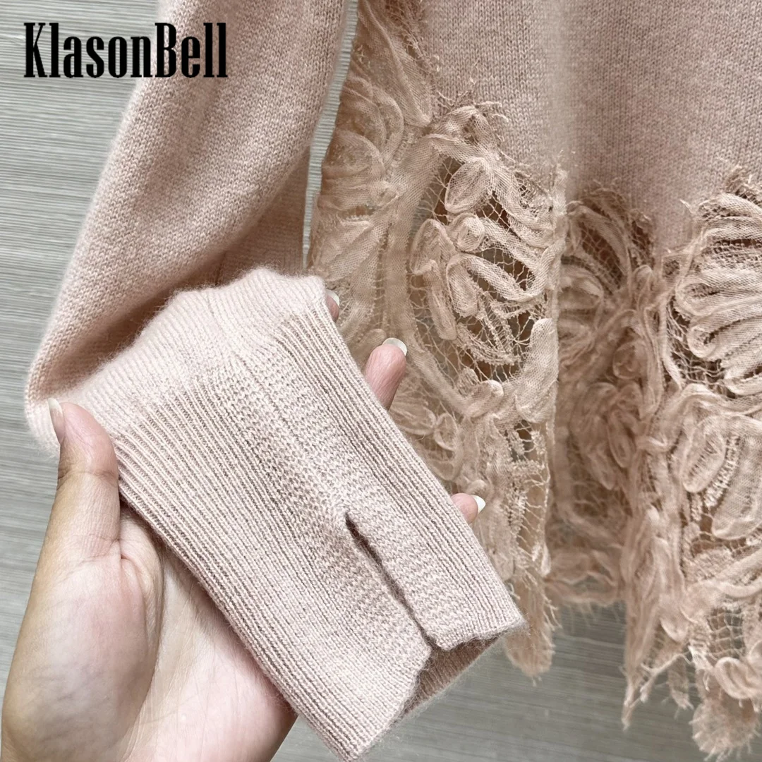 10.24 KlasonBell женский элегантный кашемировый трикотаж с кружевным подолом и