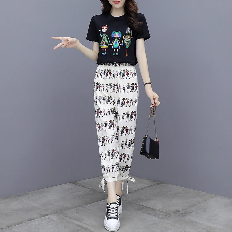 Спортивный костюм женский из двух предметов Повседневная футболка с широкими