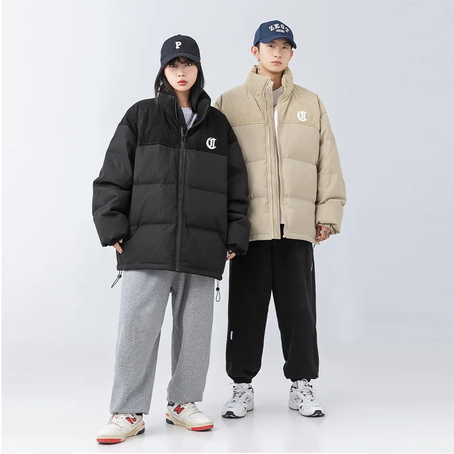 Japanese Fashion Corduroy Patchwork Warm Jacket Men Embroidery Thickened Bread Jacket Stand Collar Loose Sports Jackets Parkas