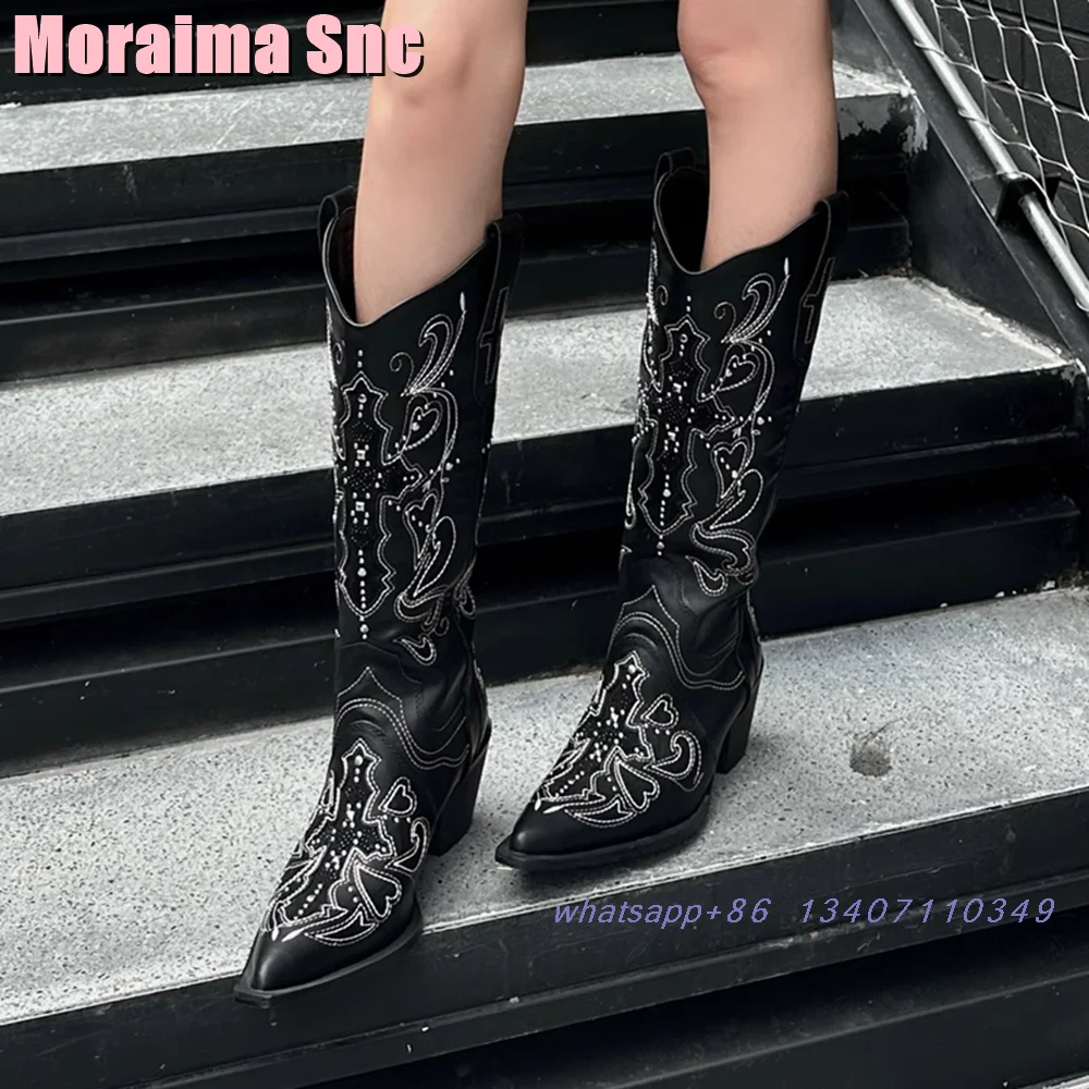 Женские Длинные мотоциклетные ботинки с острым носком и вышивкой в стиле ретро