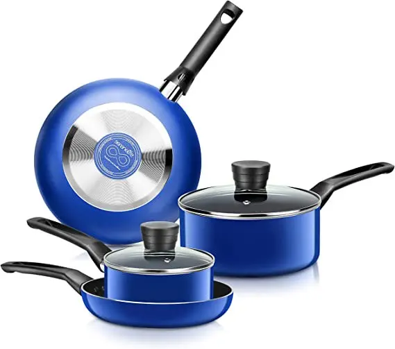

6-Piece Set Black Non-Stick Coating Inside Pots & Pans Basic Kitchen Cookware, Blue Kitchenware Gifts for Friends and Family Coo