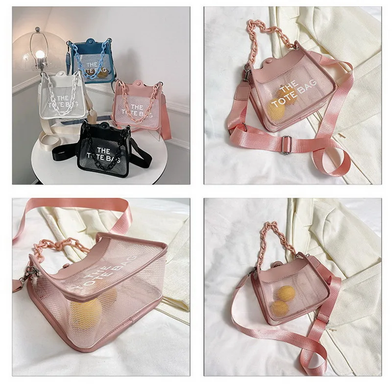 FUNMARDI Summer Mesh Transparent Bags For Women 2023 Beach Jelly Bag Letter Shoulder Messenger Bag Chain Handle Handbag WLHB3324