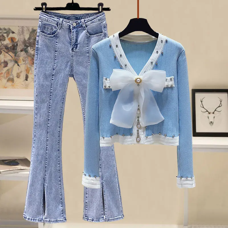 

2022 Spring Autumn New Casual Sweater Tops Jeans Two Pieces Women Denim Trousers Suits Korean Elegant Pants Clothing Set E217