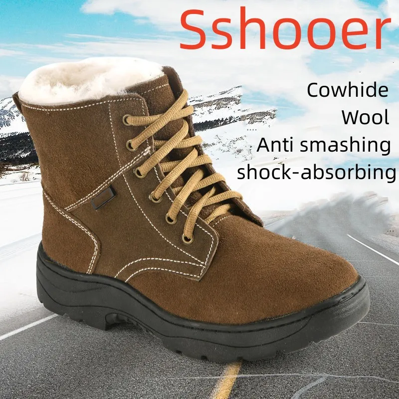 

Sshooer Men Boots Anti-smashing Puncture-proof Work Safety Boot Cowhide Waterproof Shoes Thicken Wool Warm Fur Winter Snow Shoe