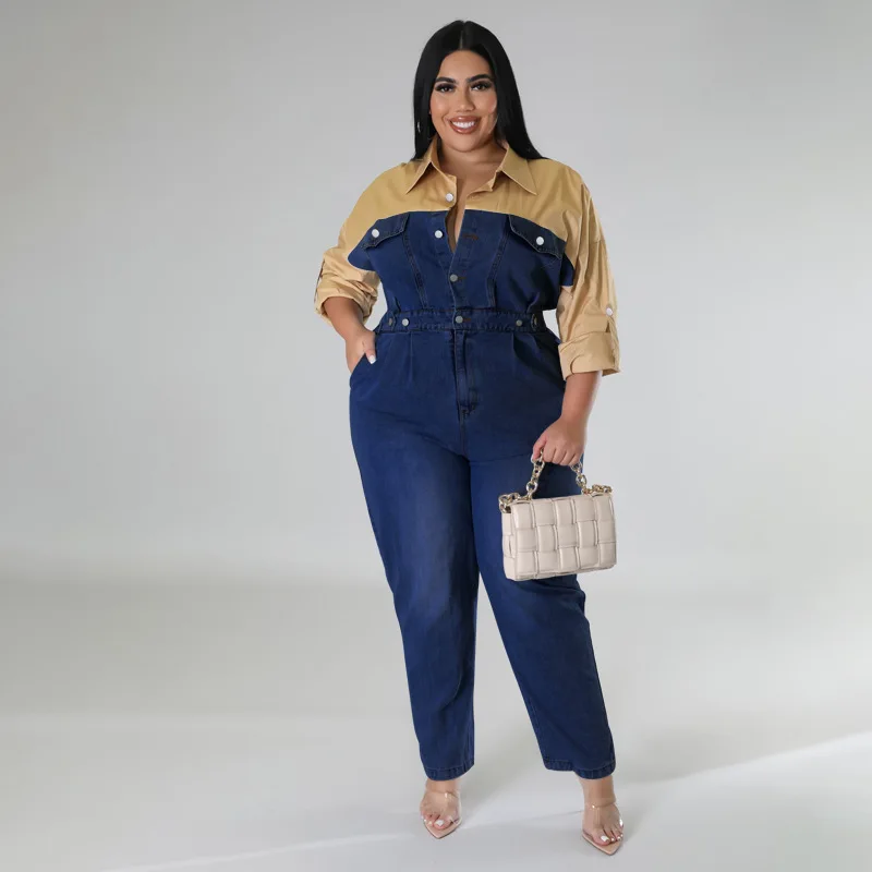 Plus Size Women Clothing Plus Size Jumpsuit Office Lady Turn-down Collar Button Long Sleeve Color Contrast Ankle-Length Full