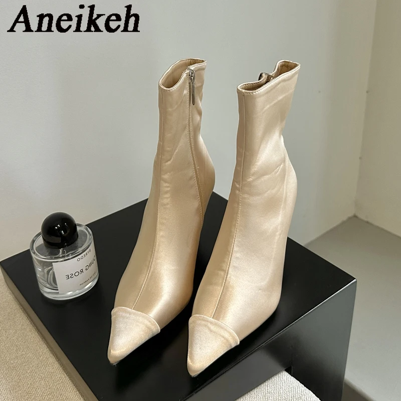 

Модные Шелковые ботильоны Aneikeh 2024, женские сексуальные остроносые сшитые ботинки в западном стиле на тонком каблуке, с застежкой-молнией