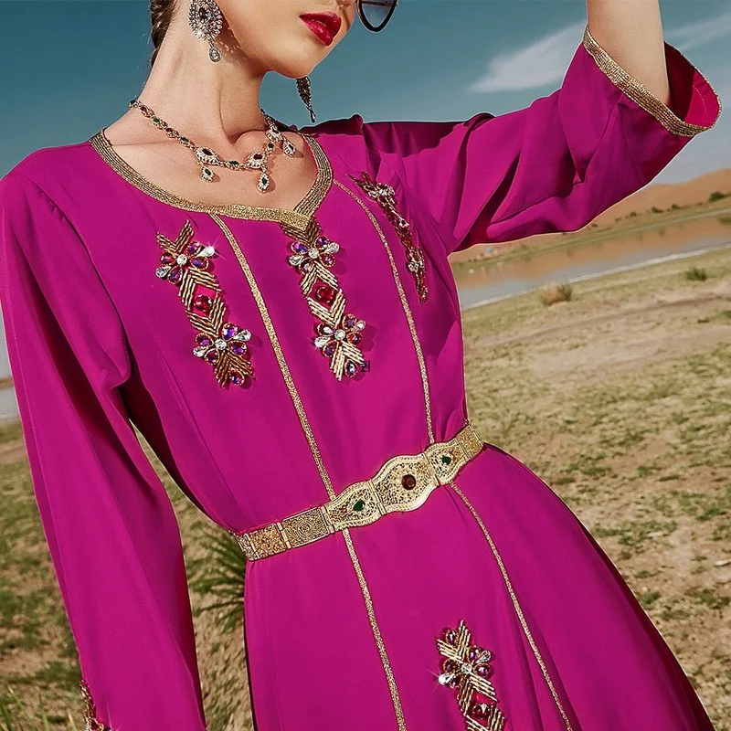Rose Red Hand-Stitched Diamond Vintage Ethnic Dress for Women Gold Ribbon Ruffled Hem Dubai Moroccan Caftan Arab Robe