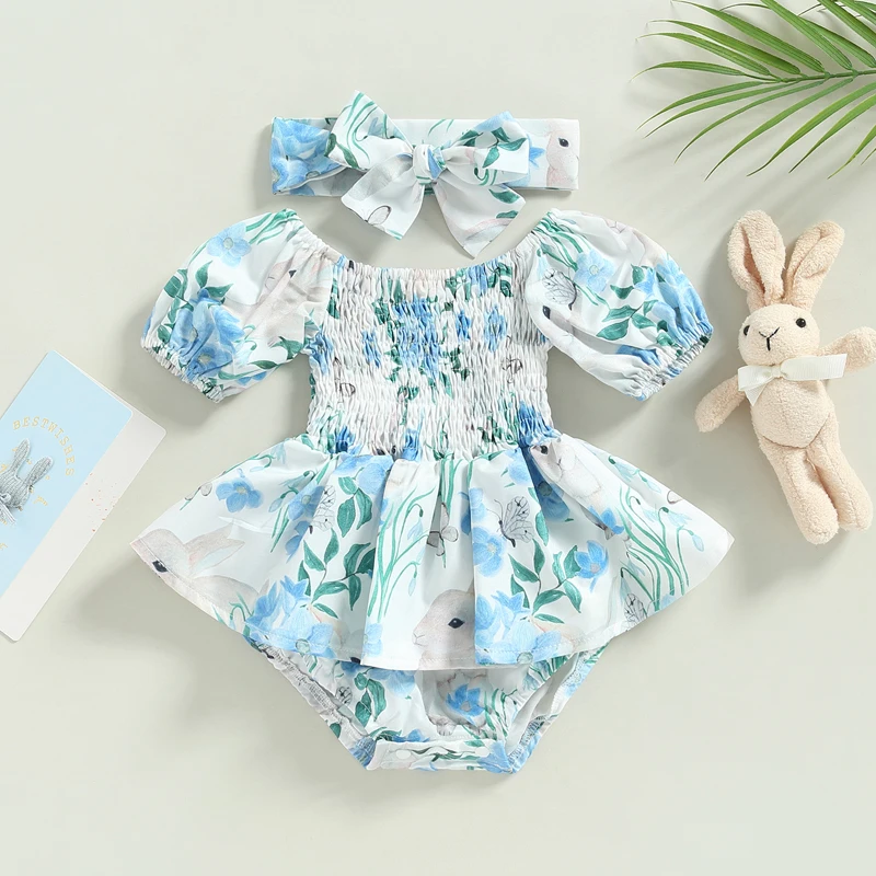 

Infant Easter Baby Girls Summer Romper Short Sleeves Rabbit Print Ruched Ruffle Jumpsuits Skirts+ Headband Outfits Clothes