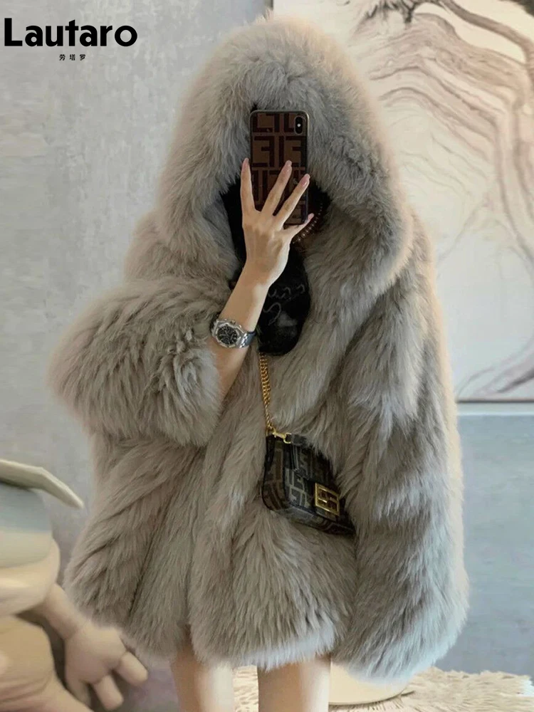 Lautaro зимнее толстое теплое мохнатое серое мягкое белое пальто из искусственного