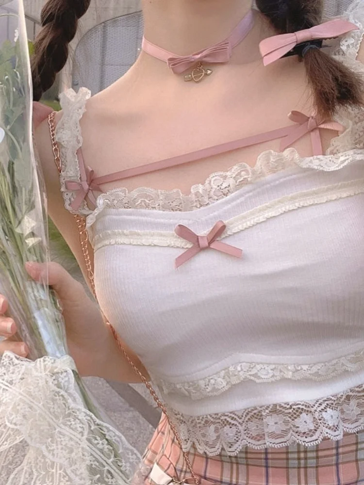

2023 Pink Japanese Kawaii Lolita Crop Top Women White Korean College Style Sweet Tank Top Bow Lace France Princess Vset Female