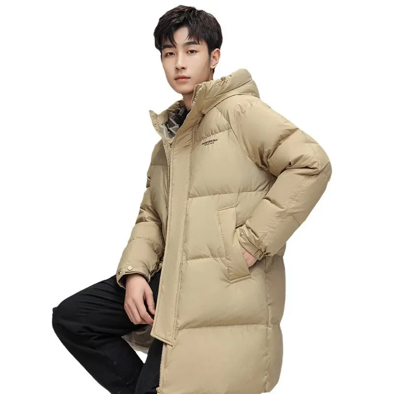 Модное однотонное зимнее пуховое пальто средней длины с капюшоном для мужчин