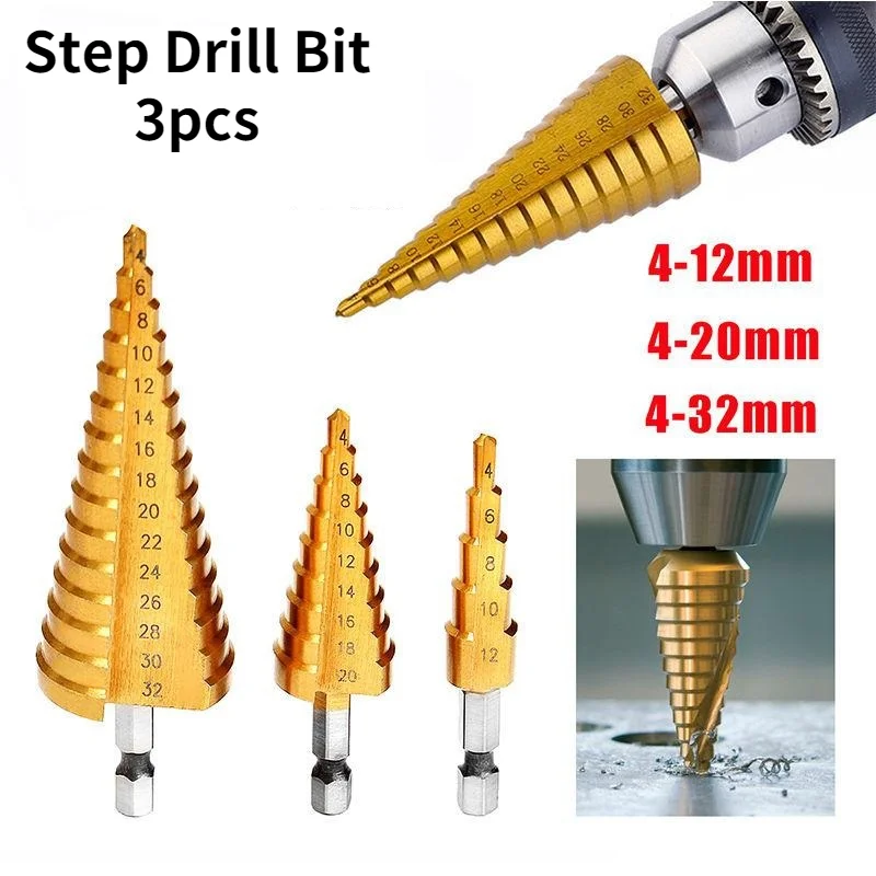 

3PCSHSS Cobalt Step Drill Bit Set Nitrogen High Speed Steel Spiral for Metal Cone Triangle Shank Hole Cutter 4-32 4-20 4-12MM