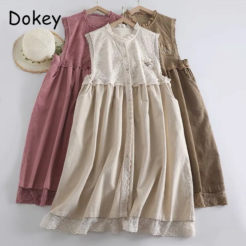 Винтажное кружевное лоскутное вельветовое платье на бретелях женское прямое