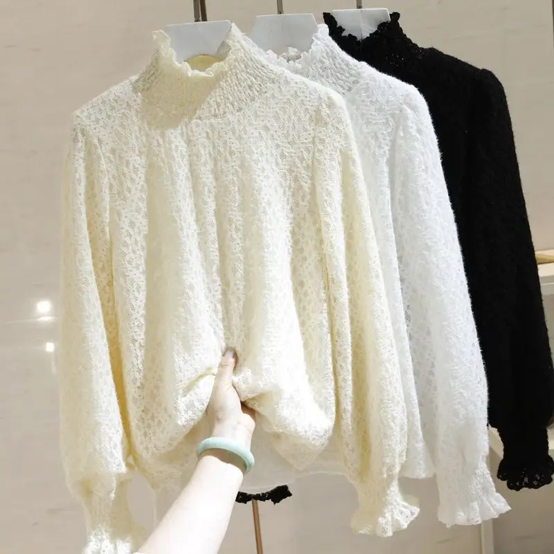 

Женская кружевная ажурная блузка, сетчатый топ с длинным рукавом, элегантная Прозрачная черная блузка с воротником-стойкой, осень-весна