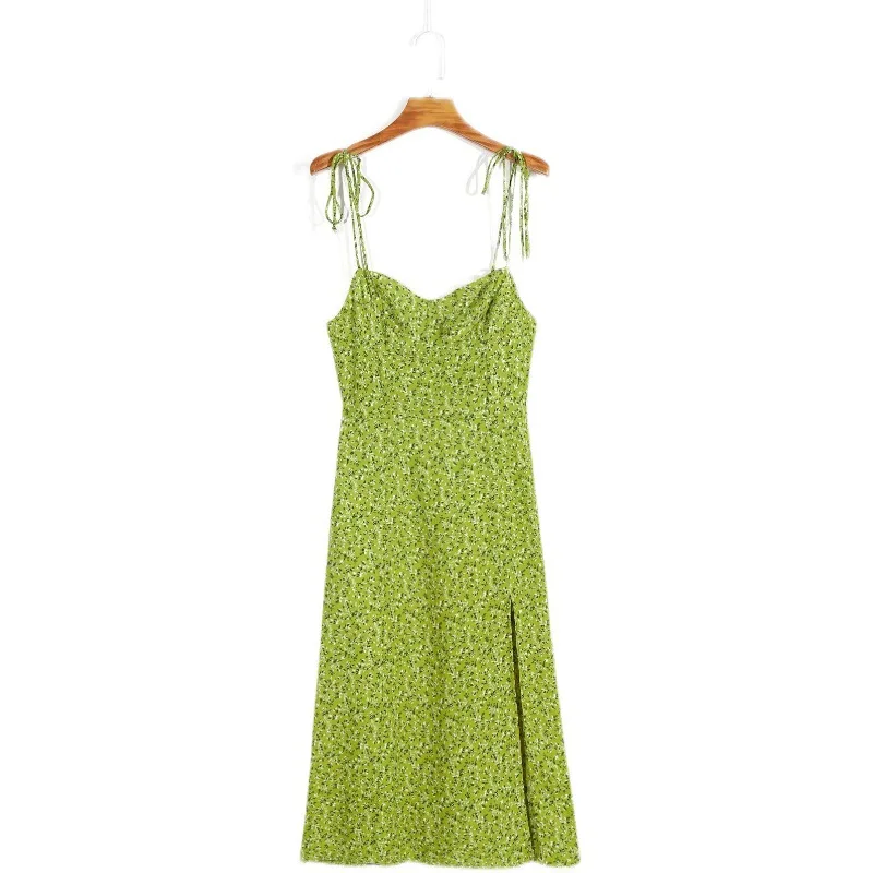 

Sweet Shoulder Strap Slim Green Floral Split Dress For Women Clothing Sexy Party Backless Midi Dresses Female Vestdios AC530