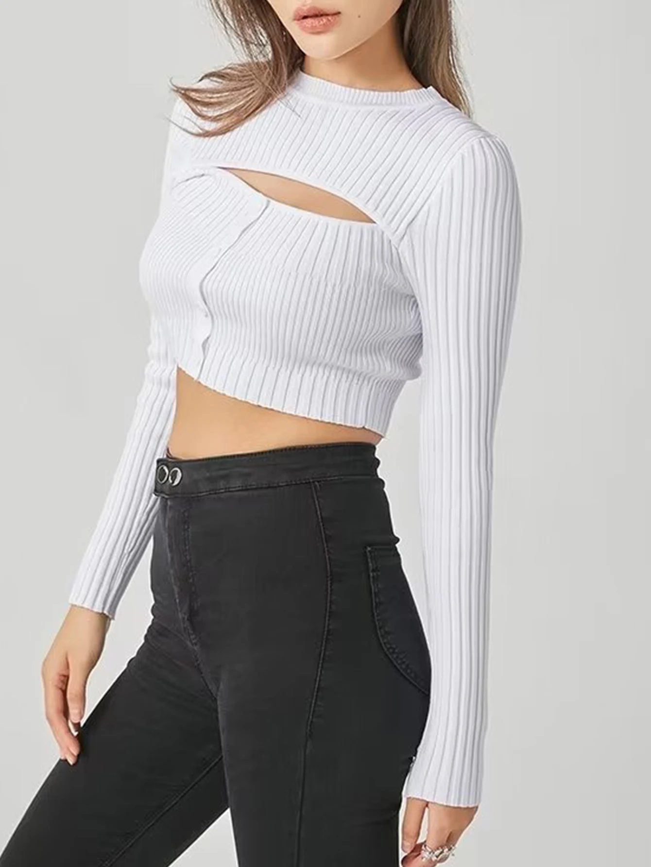 Сексуальный черный белый полый вязаный укороченный топ женская модная уличная