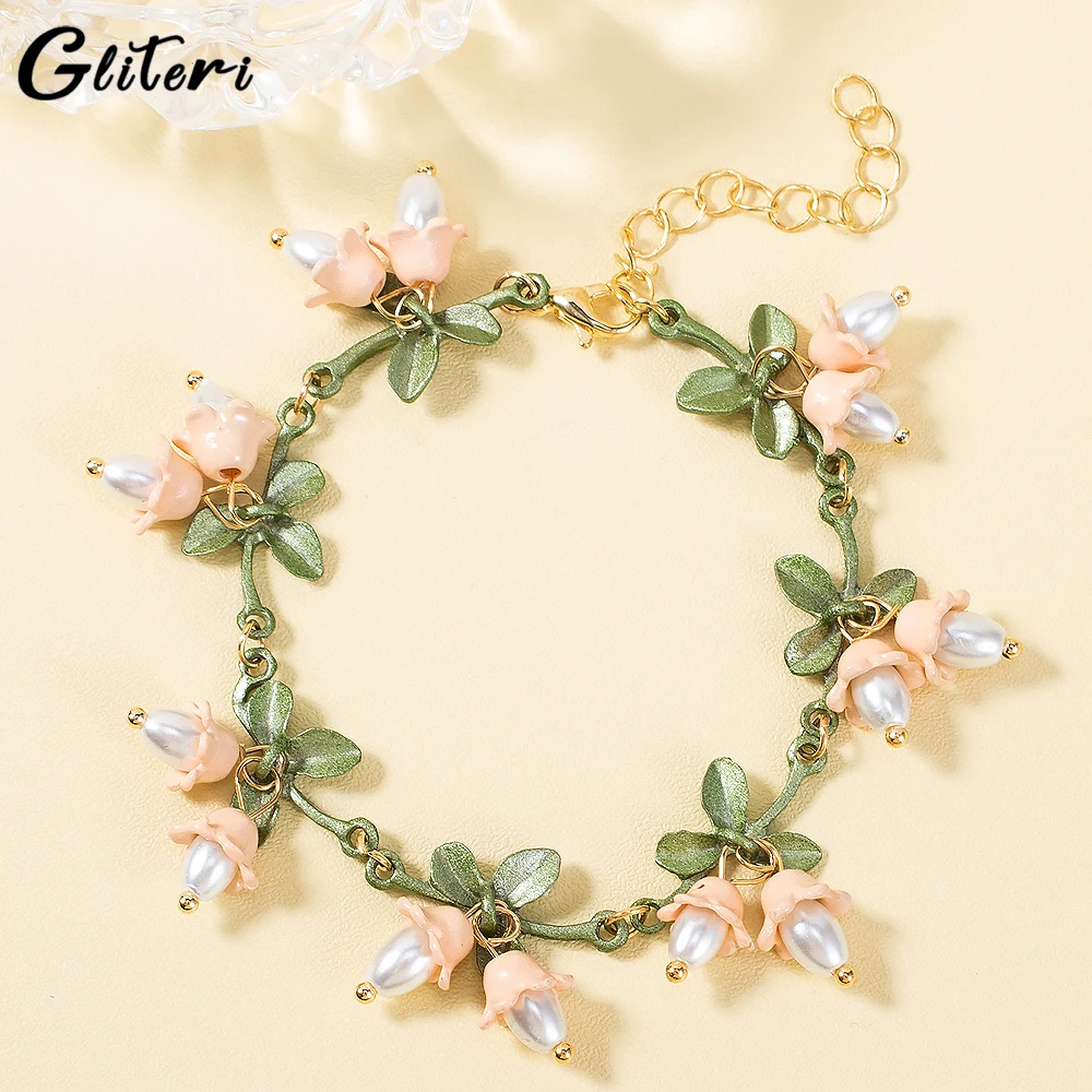 

GEITERI Vintage Lily Of The Valley Bracelets For Women Girls Gold Color Acrylic Pearl Flower Leaf Bangles Charm Jewelry Gifts