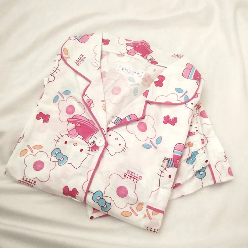 

Kawaii Hello Kitty Sanrioed мультфильм женская пижама летняя тонкая светильник женская пижама с длинным рукавом женская пижама из двух частей подарок д...