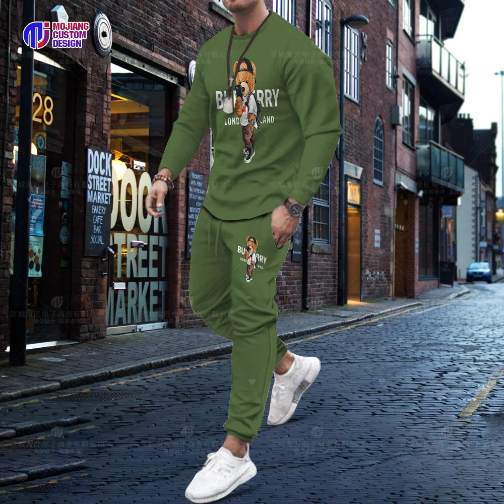 Hot Selling Korean Cotton Bear Long Sleeve T-Shirt Trousers Set Men Luxury 2 Piece Set Streetwear Summer Quality Sportswear