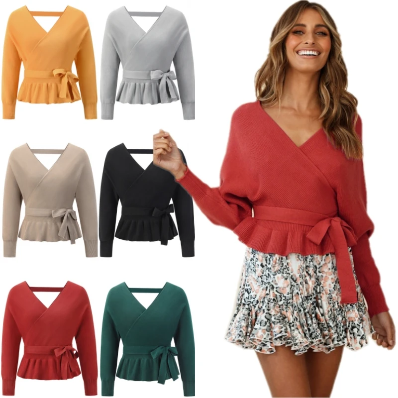 Модный женский трикотажный топ с длинным рукавом и V-образным вырезом