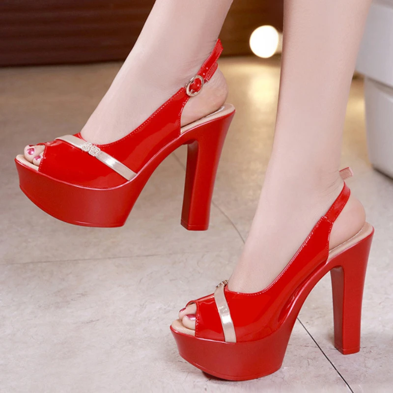 

Shoes Women Sandals Summer Patent Leather 13CM Super High Heel Fish Mouth Toe Sexy Party Wedding Shoes Sandalias Mujer