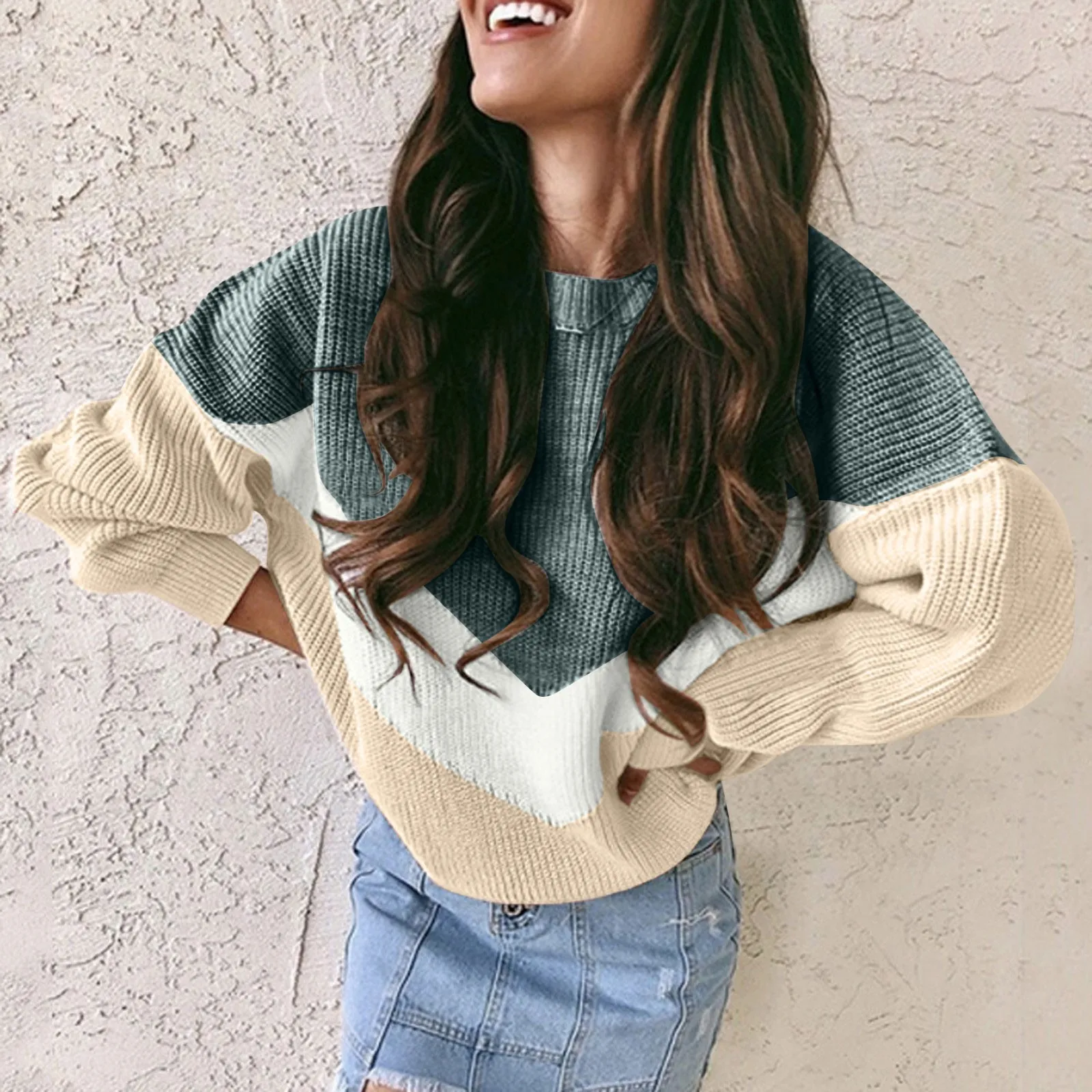 Женский свитер пуловер повседневный с круглым вырезом и длинными рукавами