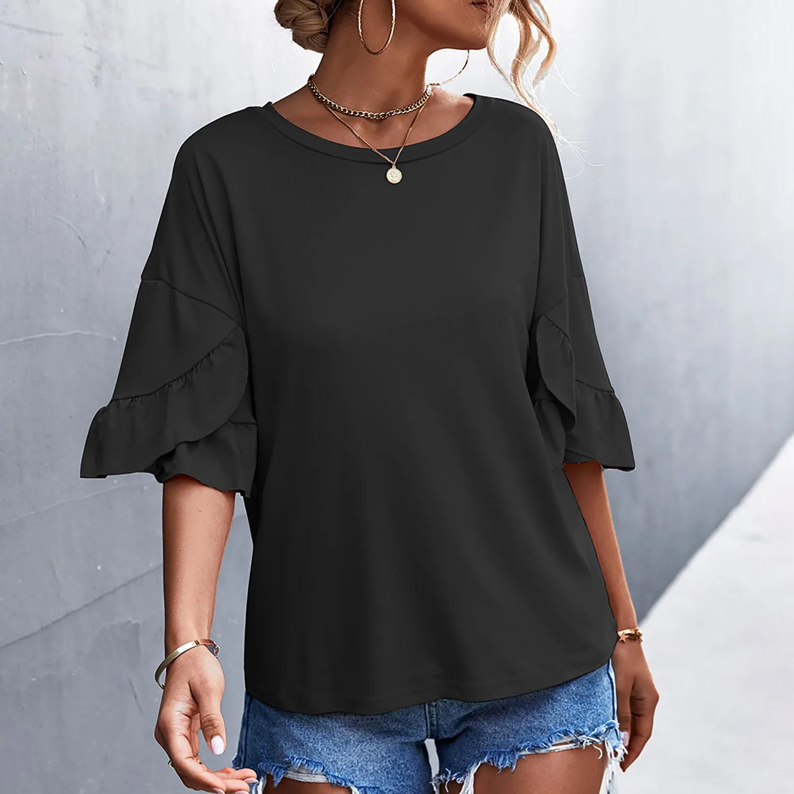

Women's Solid Color Crew Neck Double Layer Ruffle Sleeve Loose Tops Blouses Eyelet Shirts for Women White 70s T Shirts for Women