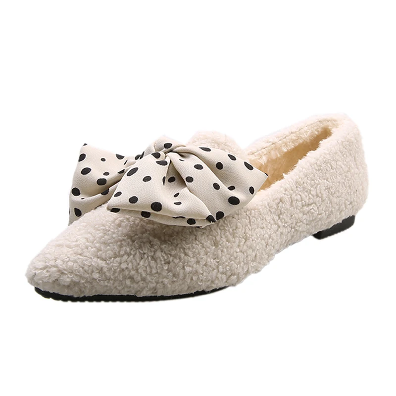 Women Winter Curly Sheep Loafers Plush Cotton Shoes Casual Fuzzy Designer Luxury Lambswool Bowknot Mocasines Flat Shoes