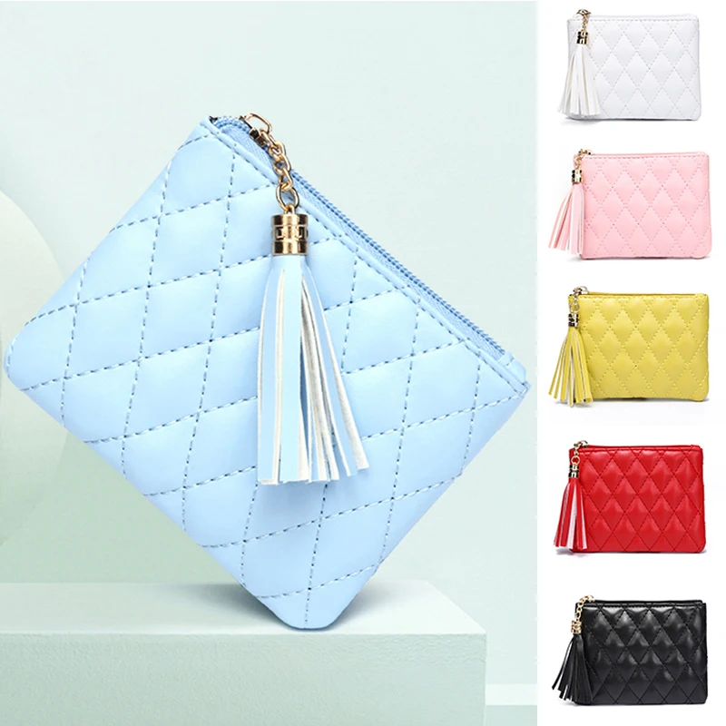 

2022 Women PU Leather Zip Coin Wallet Key Chain Tassel Decor Purse Money Designer Rhombic Pattern Short Change Pouch Coin Purse