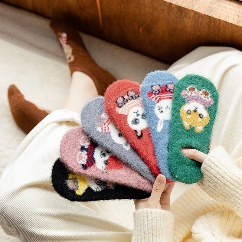 Mink Fur Socks Women Thicken Thermal Sprig Winter Warm Cartoon Cute Kawaii Invisible Sock Velvet Floor Ankle Socks Gift For Girl