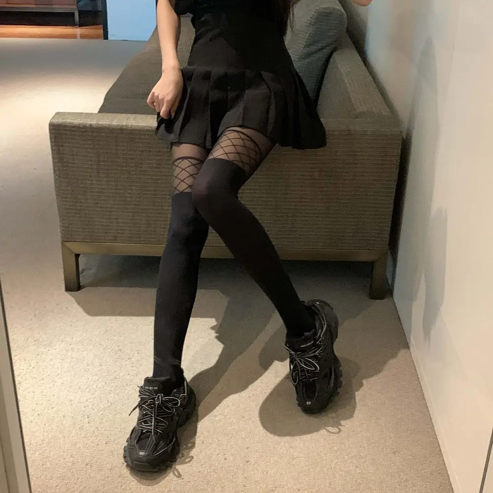 

Sexy Spring Summer Thin Sexy Tights Black Cross Seamless Trendy Pantyhose Solid Color JK Matching Retro Elastic Long Stocking